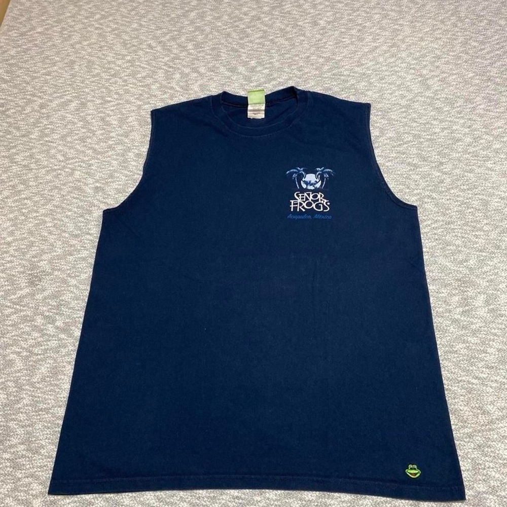 Navy blue Senor Frogs100%  cotton tank top 'SEÑOR FROGS' text Men L. SKU-B770